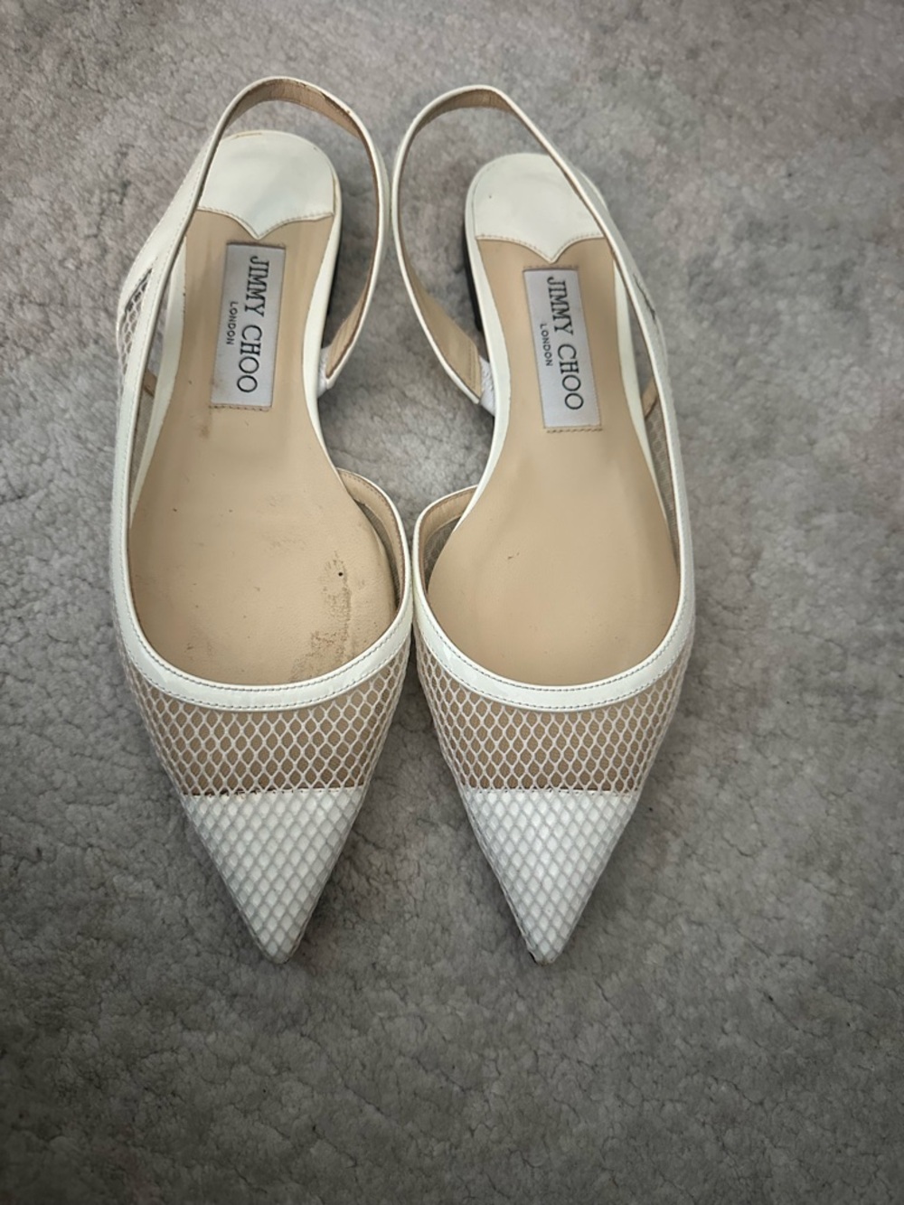 Jimmy Choo White Mesh Pointed Slingback Flats